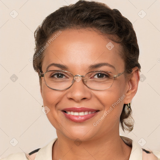 Joyful white adult female with short  brown hair and brown eyes