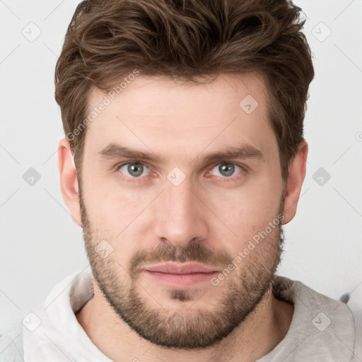 Neutral white young-adult male with short  brown hair and grey eyes