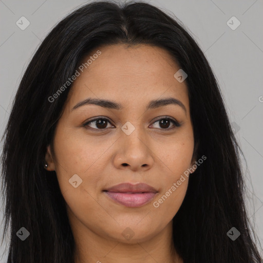 Joyful latino young-adult female with long  brown hair and brown eyes