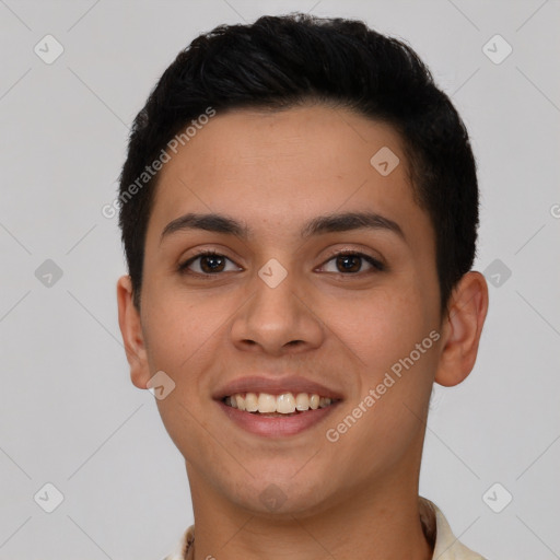 Joyful latino young-adult female with short  brown hair and brown eyes