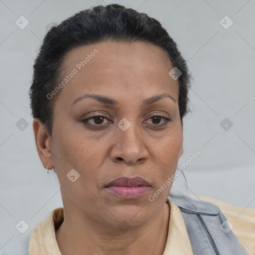 Joyful black adult female with short  brown hair and brown eyes