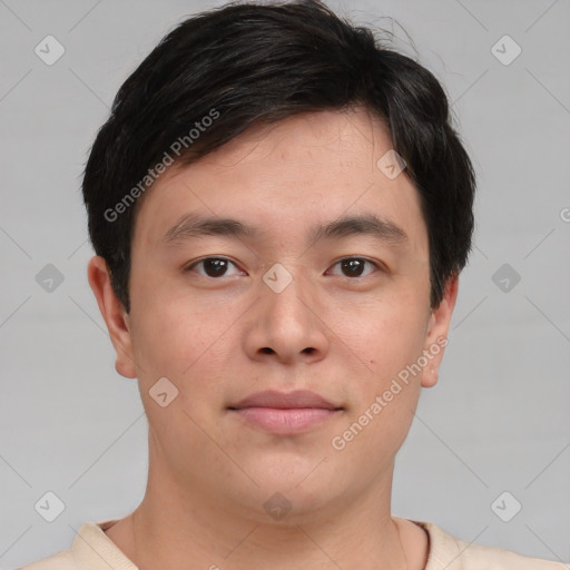 Neutral asian young-adult male with short  brown hair and brown eyes