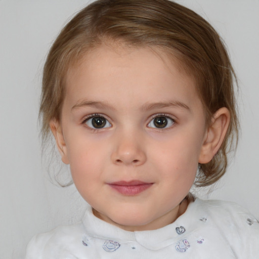 Neutral white child female with medium  brown hair and blue eyes