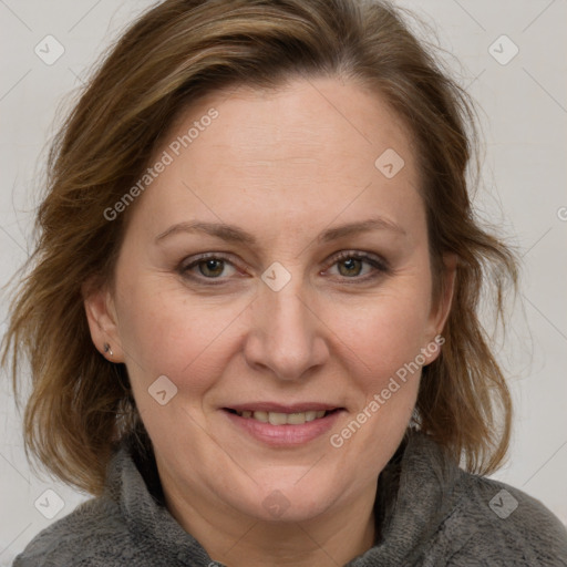 Joyful white adult female with medium  brown hair and grey eyes