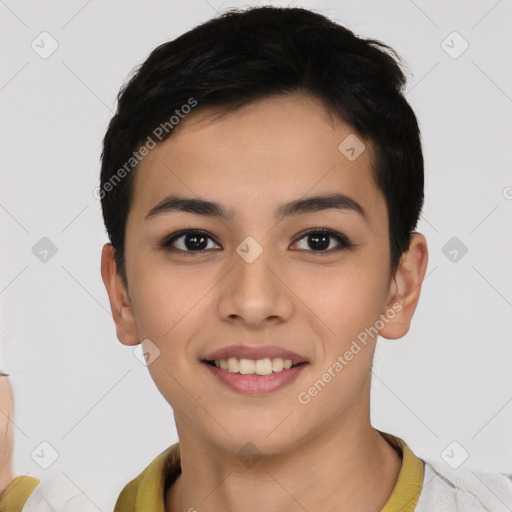 Joyful asian young-adult female with short  brown hair and brown eyes