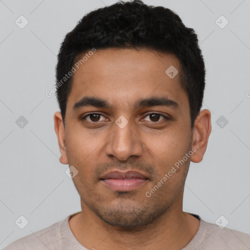 Neutral latino young-adult male with short  black hair and brown eyes