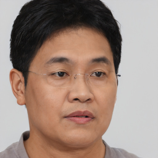 Neutral asian young-adult male with short  brown hair and brown eyes