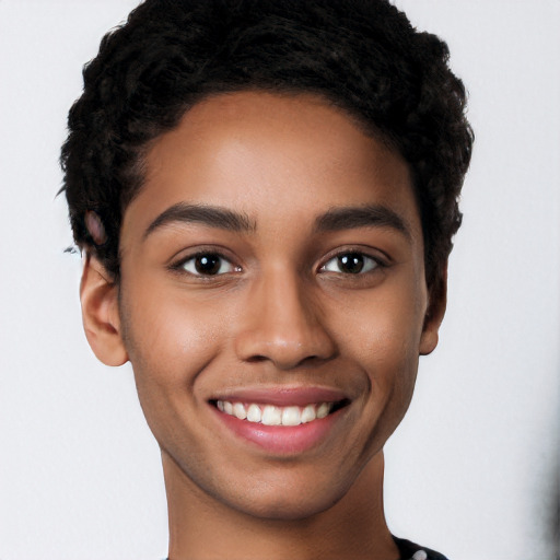 Joyful latino young-adult female with short  black hair and brown eyes