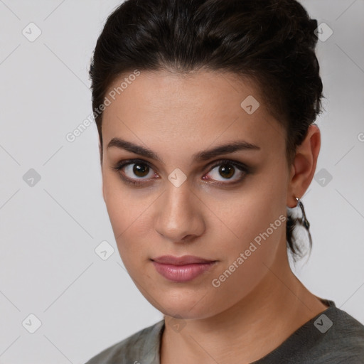 Neutral white young-adult female with short  brown hair and brown eyes