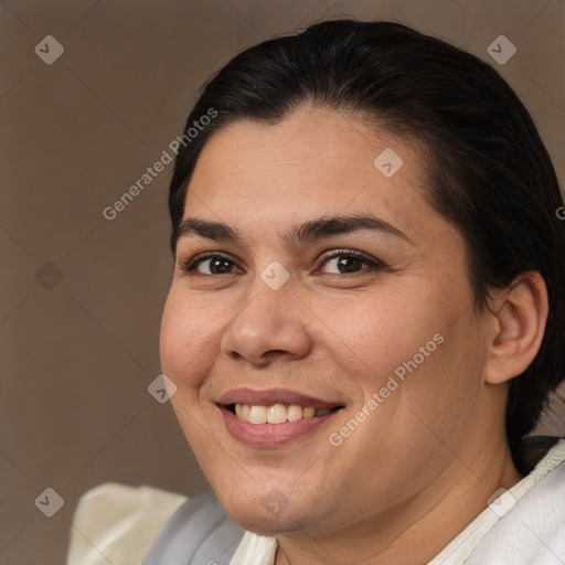 Joyful white young-adult female with medium  brown hair and brown eyes