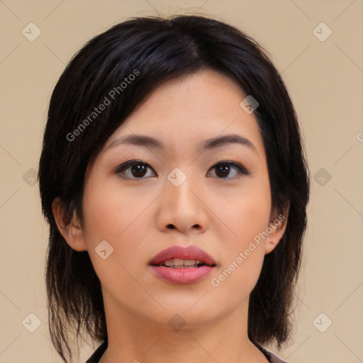 Neutral asian young-adult female with medium  brown hair and brown eyes