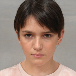 Neutral white young-adult female with short  brown hair and brown eyes