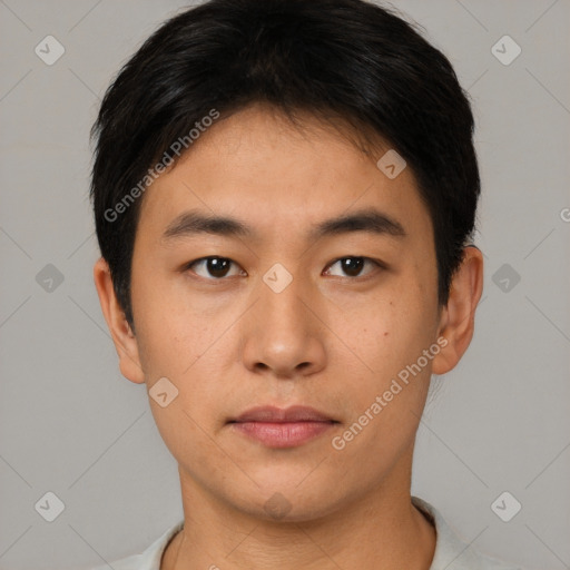 Neutral asian young-adult male with short  brown hair and brown eyes