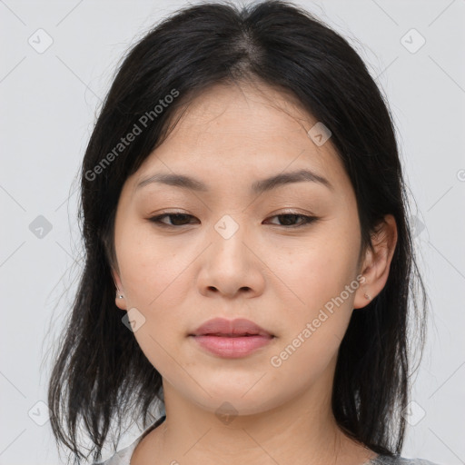 Neutral asian young-adult female with medium  brown hair and brown eyes