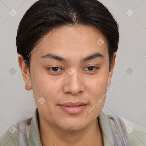 Joyful white young-adult female with short  brown hair and brown eyes