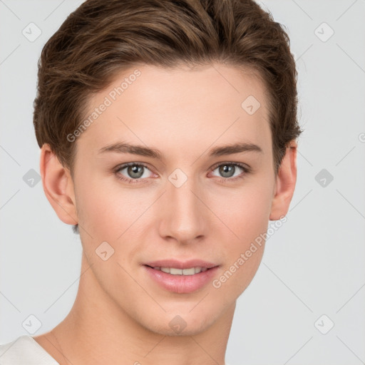 Joyful white young-adult female with short  brown hair and grey eyes