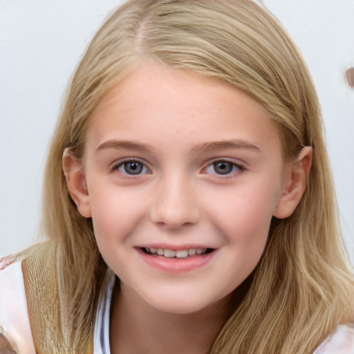 Joyful white child female with long  brown hair and grey eyes