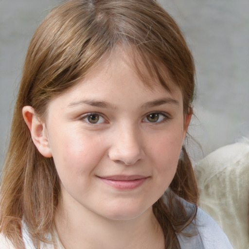 Joyful white child female with medium  brown hair and grey eyes