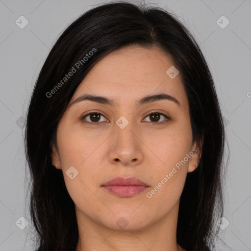 Neutral asian young-adult female with long  brown hair and brown eyes