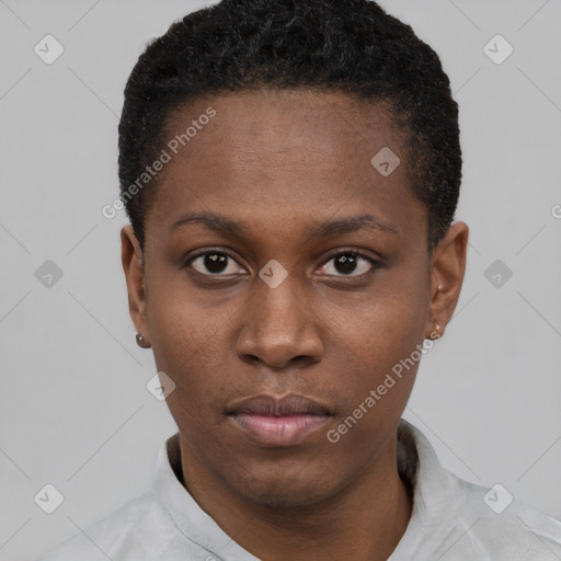 Neutral black young-adult female with short  black hair and brown eyes