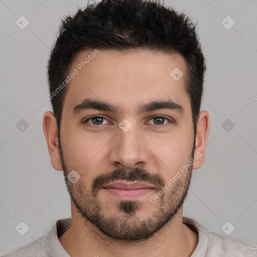 Neutral white young-adult male with short  brown hair and brown eyes