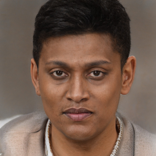Neutral latino young-adult male with short  brown hair and brown eyes