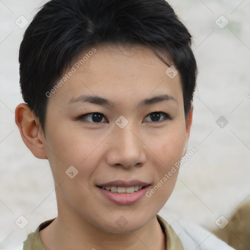 Joyful asian young-adult female with short  brown hair and brown eyes