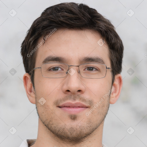 Neutral white young-adult male with short  brown hair and brown eyes