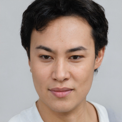 Joyful asian young-adult male with short  brown hair and brown eyes