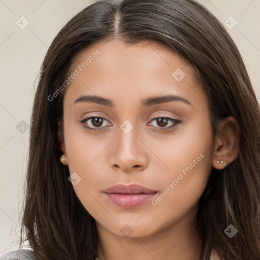 Neutral white young-adult female with long  brown hair and brown eyes