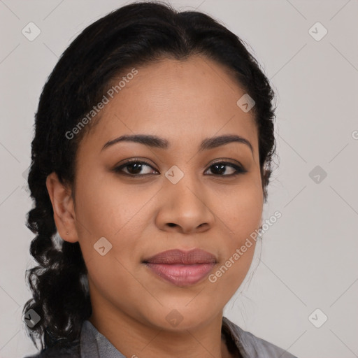 Joyful latino young-adult female with long  brown hair and brown eyes