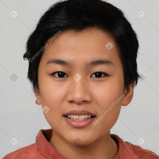 Joyful asian young-adult female with short  brown hair and brown eyes