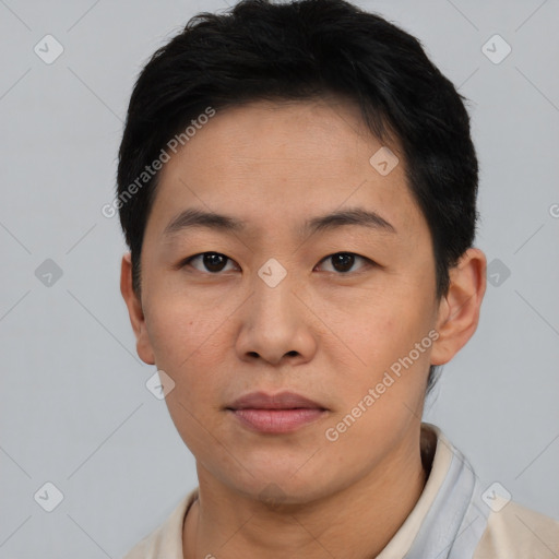 Neutral asian young-adult male with short  brown hair and brown eyes