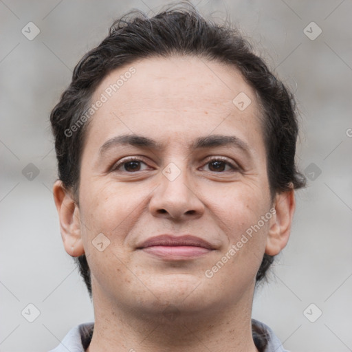 Joyful white adult female with short  brown hair and brown eyes