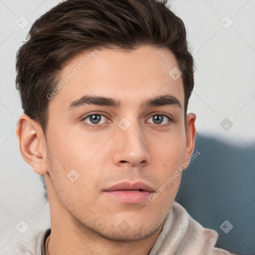 Neutral white young-adult male with short  brown hair and brown eyes