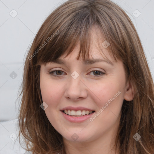 Joyful white young-adult female with long  brown hair and grey eyes