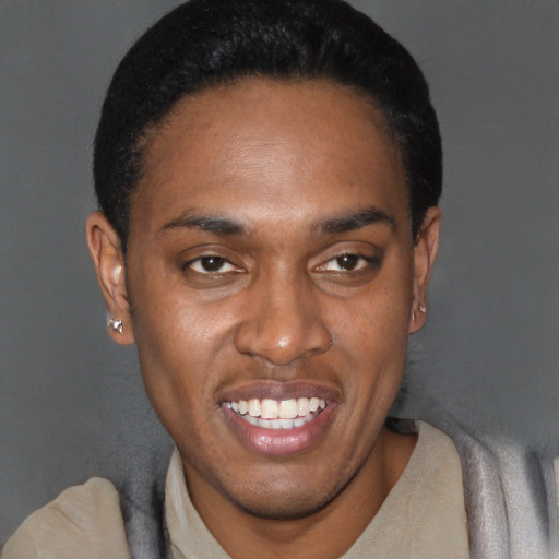 Joyful black young-adult male with short  black hair and brown eyes