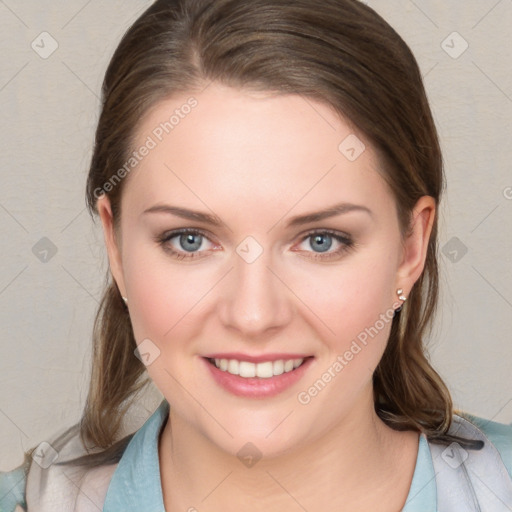 Joyful white young-adult female with medium  brown hair and blue eyes