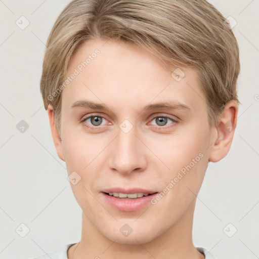 Joyful white young-adult female with short  brown hair and grey eyes