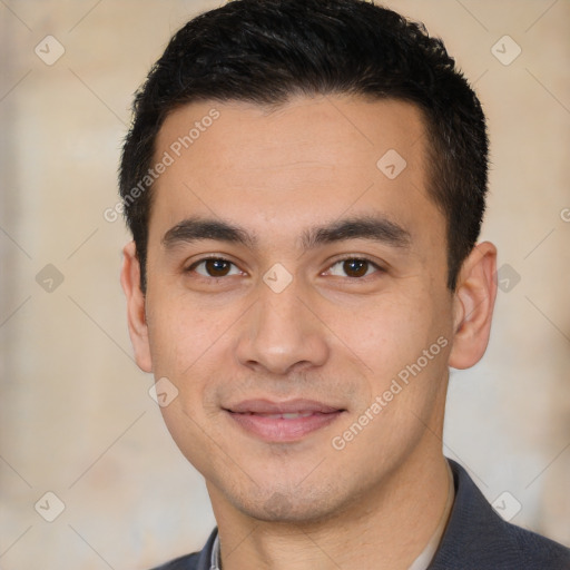 Joyful white young-adult male with short  black hair and brown eyes