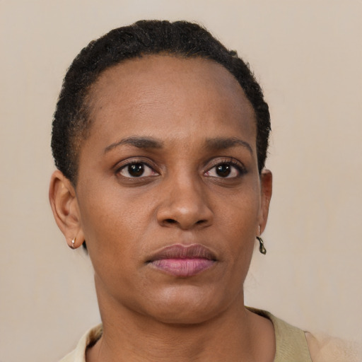 Neutral black young-adult female with short  brown hair and brown eyes