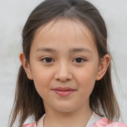 Joyful white child female with medium  brown hair and brown eyes