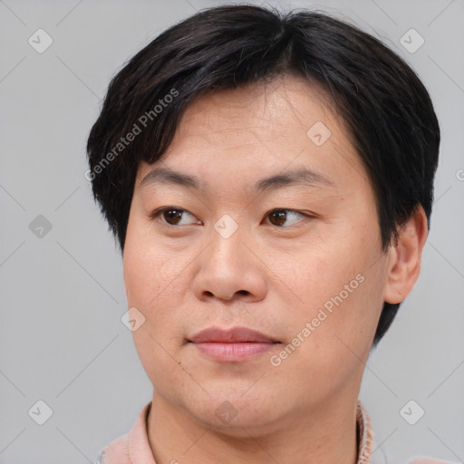 Joyful asian adult male with short  brown hair and brown eyes