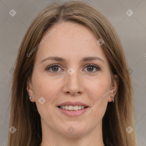 Joyful white young-adult female with long  brown hair and grey eyes