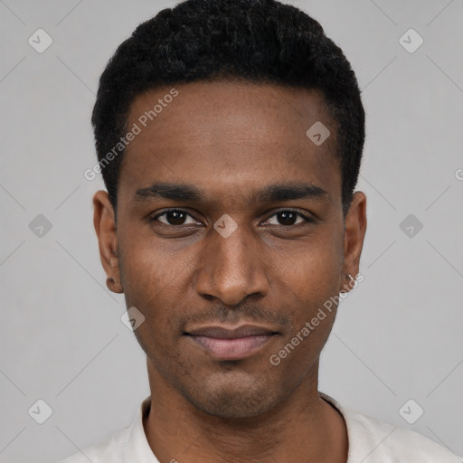 Neutral black young-adult male with short  black hair and brown eyes