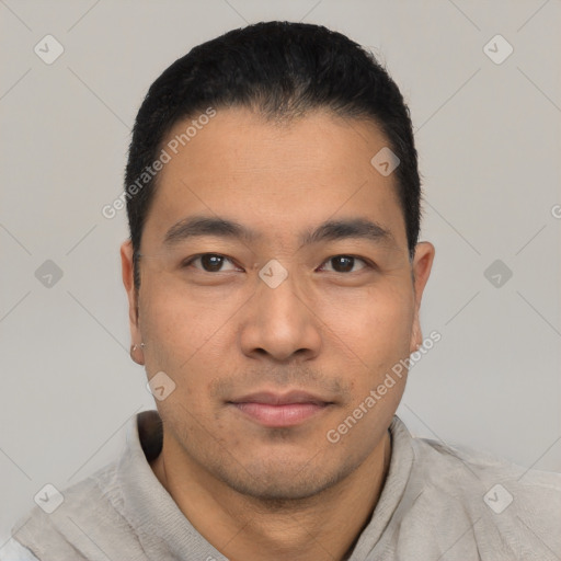 Neutral asian young-adult male with short  black hair and brown eyes