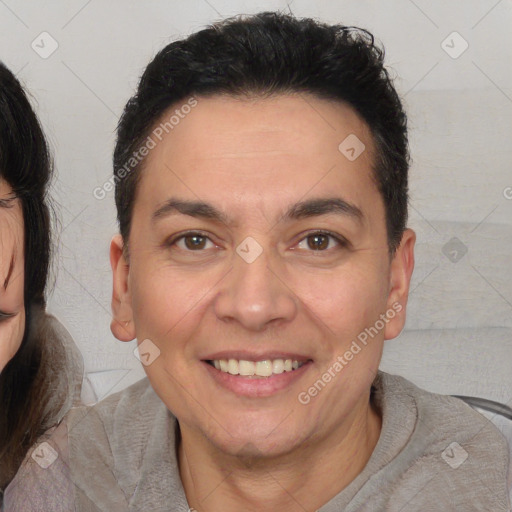 Joyful white adult female with short  brown hair and brown eyes