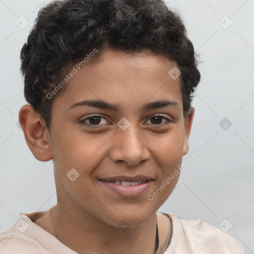 Joyful latino young-adult male with short  brown hair and brown eyes