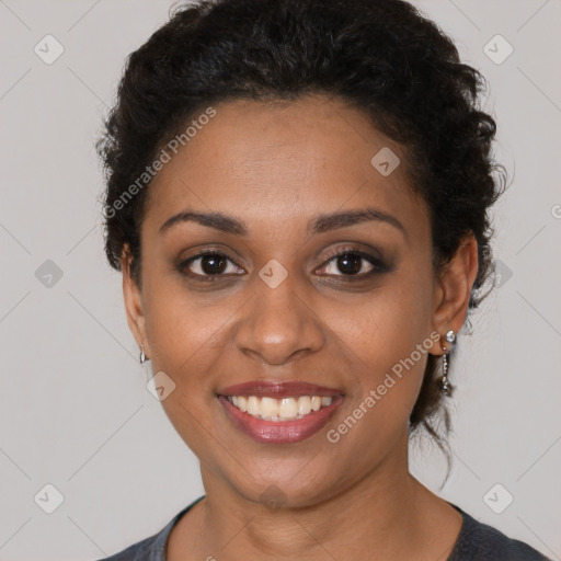 Joyful latino young-adult female with short  brown hair and brown eyes