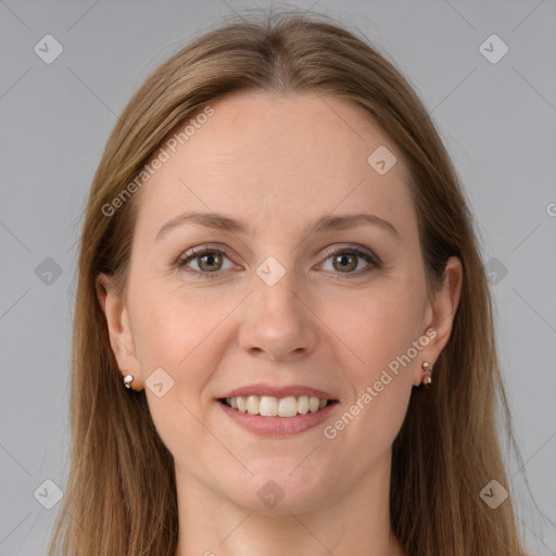 Joyful white young-adult female with long  brown hair and grey eyes